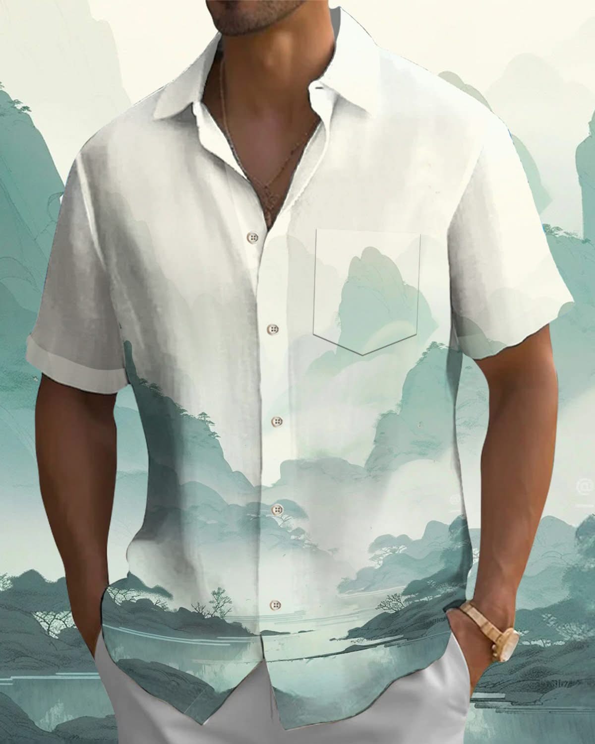 Alohadaddy® Casual Ink Painting Art Print Pocket Elastic Button Men's Short Sleeve Shirt Big & Tall