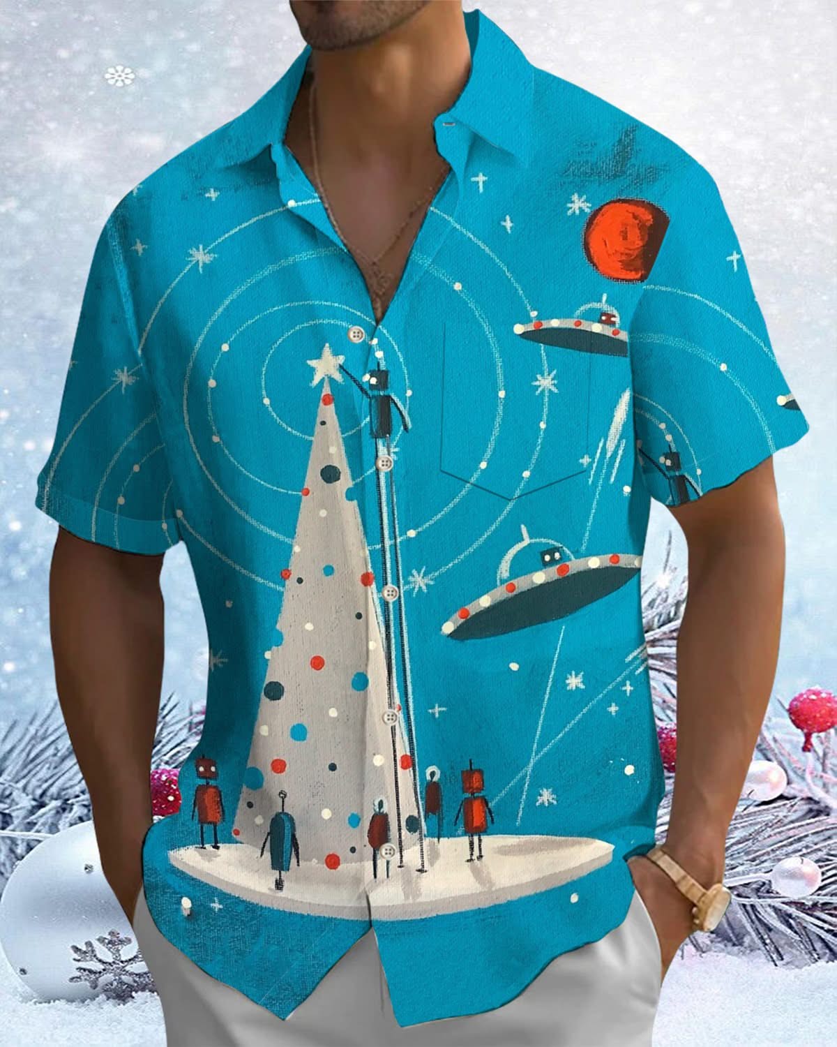 Alohadaddy® Retro Christmas Tree Alien Print Men's Short Sleeve Shirt with Elastic Pockets and Buttons Big & Tall