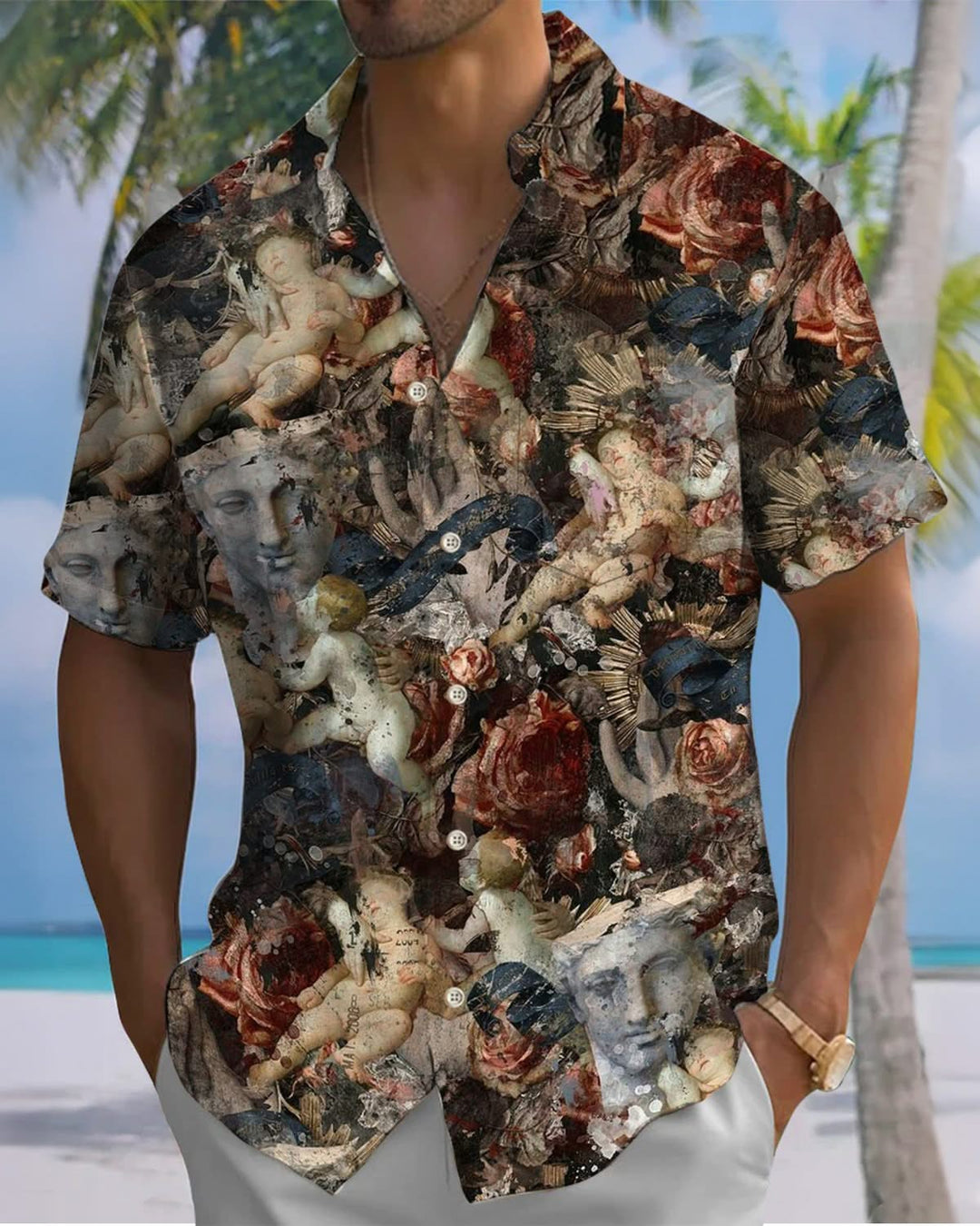 Alohadaddy® Vintage Broken Sculpture Print Art Pocket Button Elastic Men&