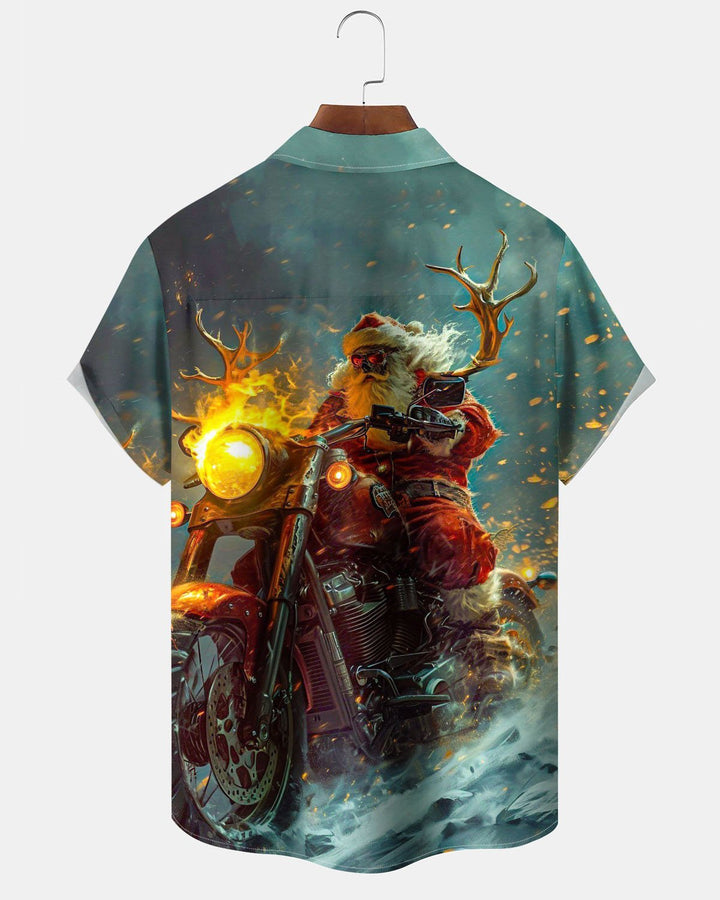 Alohadaddy® Christmas Scary Santa Motorcycle Art Print Stretch Button Pocket Men&