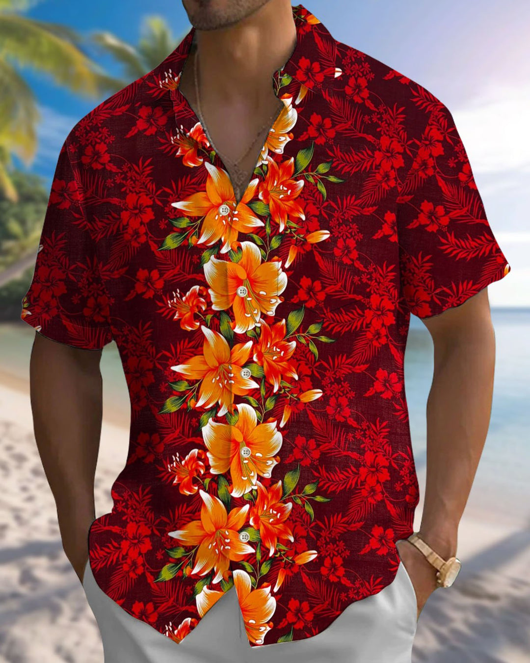 Alohadaddy® Hawaiian Floral Beach Vacation Print Art Pocket Button Stretch Men&