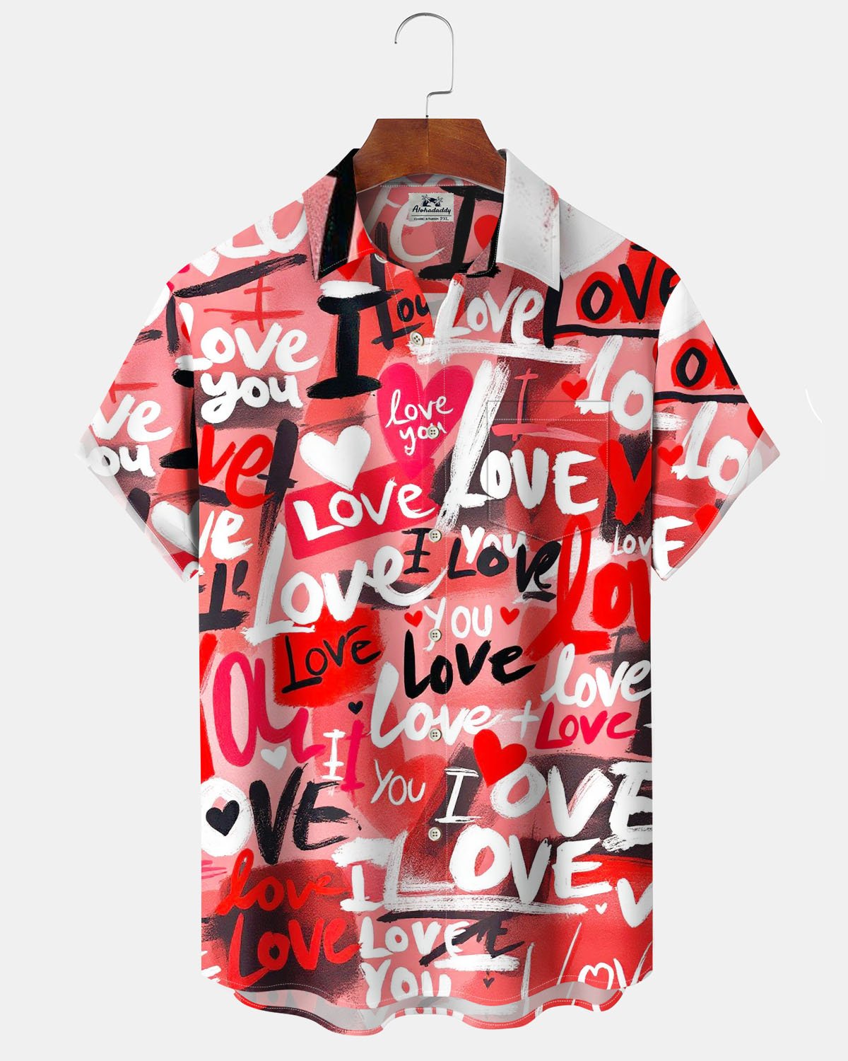 Alohadaddy® Holiday Valentine's Day Letter Graffiti Print Art Pocket Buttons Stretch Men's Short Sleeve Shirt Big & Tall
