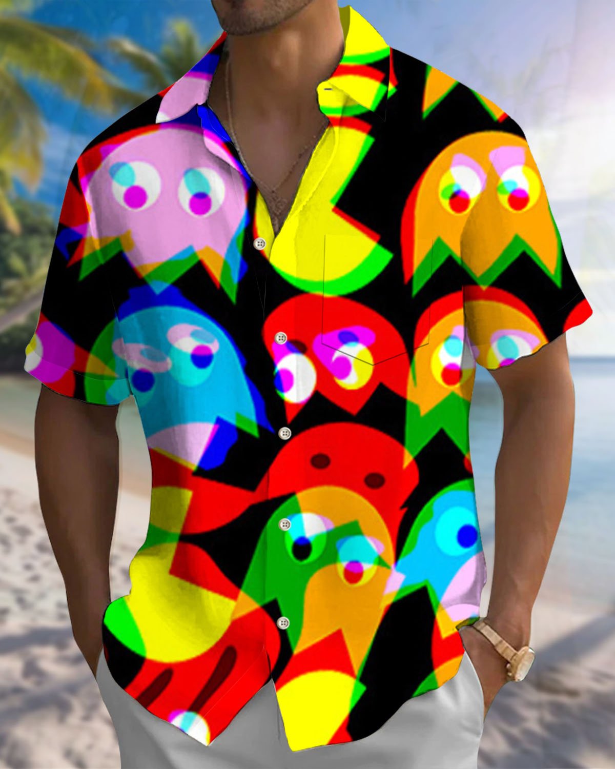 Alohadaddy® Casual Fun Monster Print Art Pocket Button Men's Short-Sleeve Shirt Big & Tall