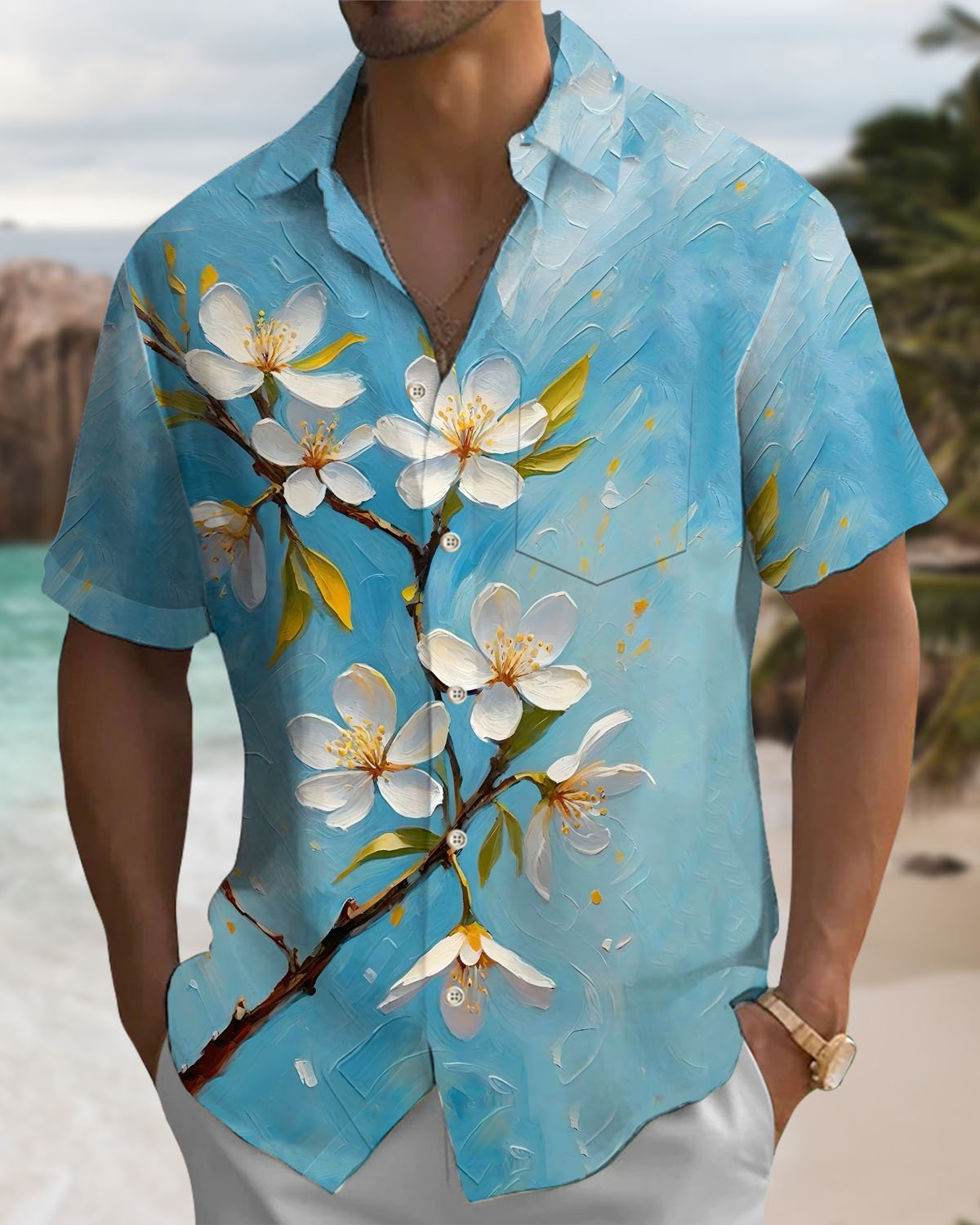 Alohadaddy® Casual Floral Print Art Button Pocket Cardigan Men's Short Sleeve Shirt Big & Tall