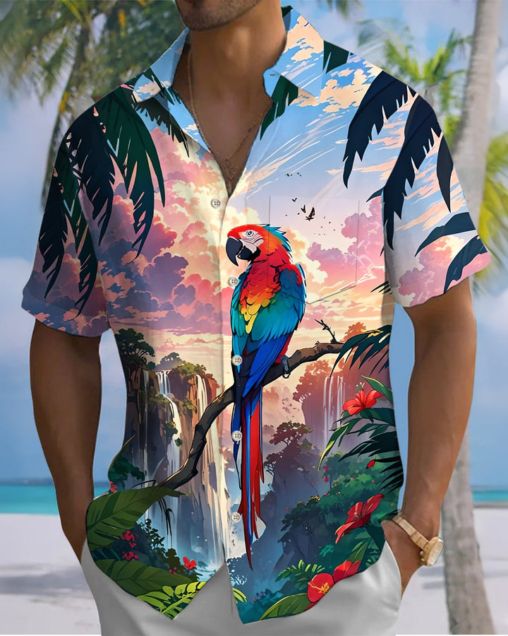 Alohadaddy® Hawaiian Parrot Print Art Button Pocket Cardigan Men&