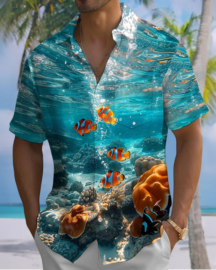 Alohadaddy® Hawaiian Ocean Print Art Button Pocket Cardigan Men&