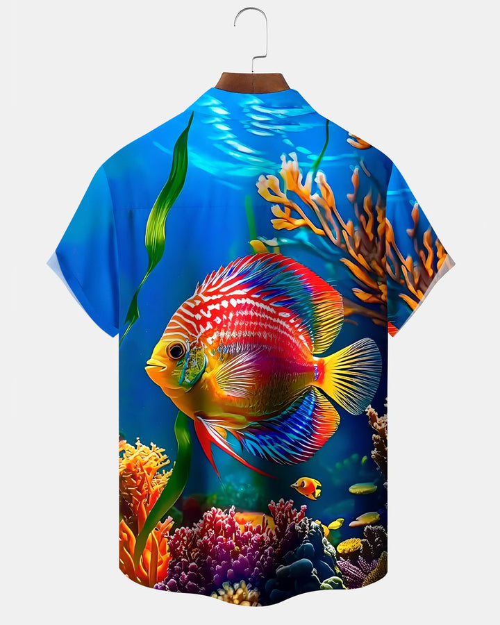 Alohadaddy® Hawaiian Fish Print Art Button Pocket Cardigan Men&