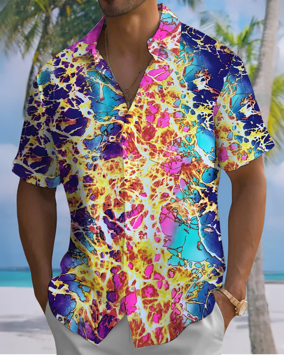 Alohadaddy® Vintage Abstract Print Art Button Pocket Cardigan Men's Short Sleeve Shirt