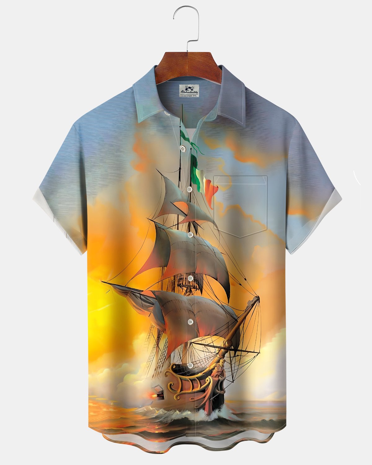 Alohadaddy® Men's Short-Sleeve Button-Down Shirt with Sailboat Print Pocket and Cardigan-Style Front