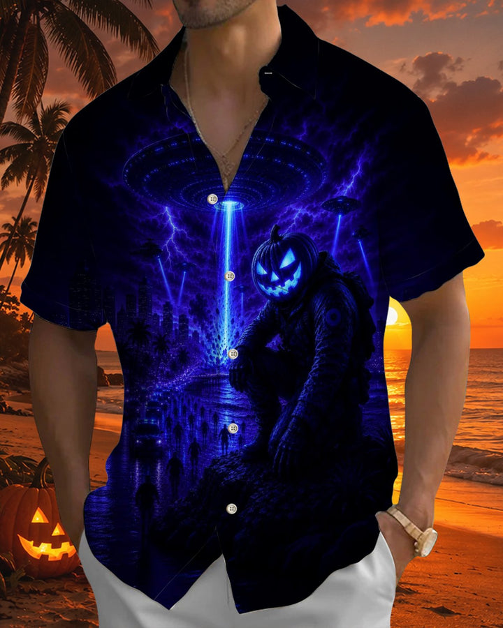 Alohadaddy® Holiday/Halloween Print Button-Down Short-Sleeve Shirt with Pocket