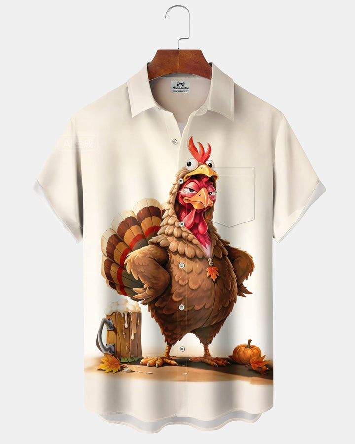 Alohadaddy® Holiday Thanksgiving Turkey Print Button-Down Pocket Cardigan-Style Men&
