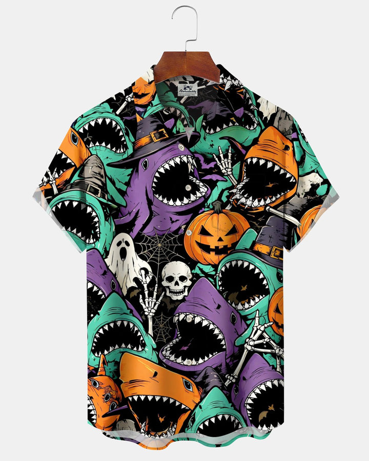 Alohadaddy® Holiday/Halloween Shark Print Button-Down Short-Sleeve Shirt with Pocket for Men