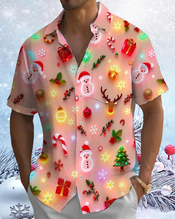Alohadaddy® Holiday/Christmas Print Button-Down Short-Sleeve Shirt with Pocket for Men