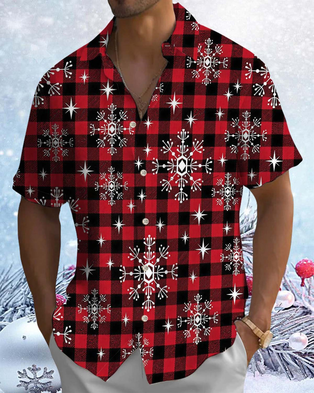 Alohadaddy® Holiday/Christmas Men’s Short-Sleeve Button-Down Shirt  Red Plaid with Snowflake Print, Featuring Pockets