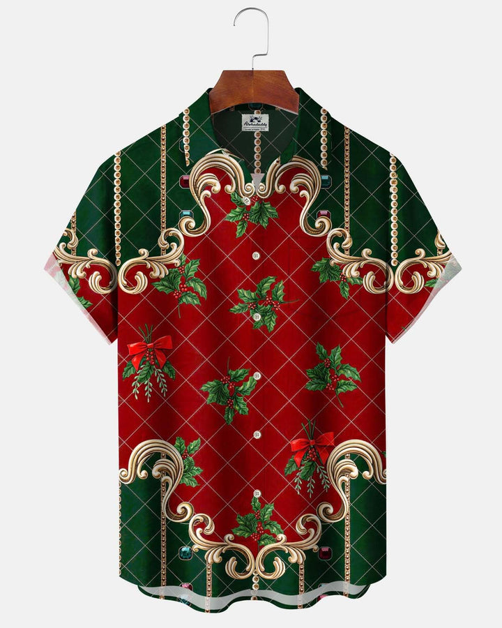 Alohadaddy® Holiday/Christmas-Themed Printed Button-Down Short-Sleeve Shirt for Men with Pocket