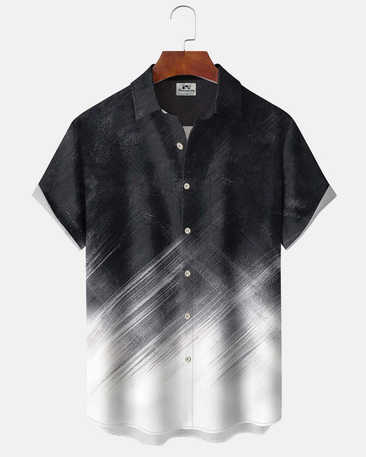 Alohadaddy® Men’s Short-Sleeve Button-Down Shirt  Casual Black-to-White Gradient  Artistic Print with Pocket