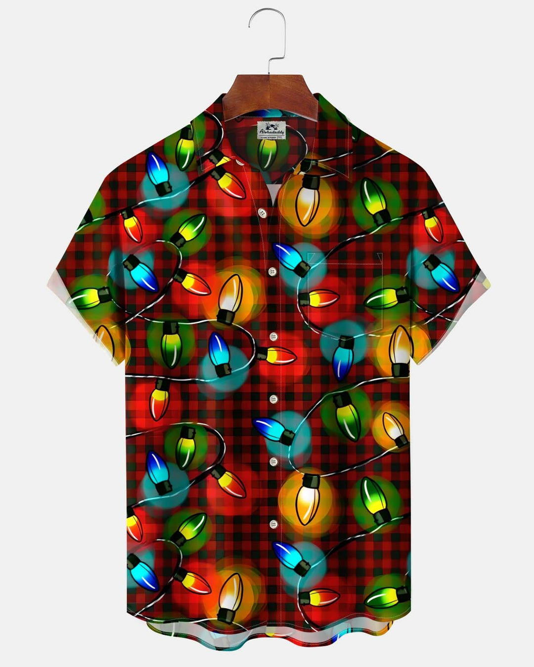 Alohadaddy® Holiday Christmas Lights Print Button-Down Short-Sleeve Cardigan Shirt for Men with Pocket