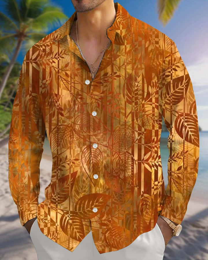 Alohadaddy® Men’s Long-Sleeve Button-Down Shirt  Vintage Style with Leaf Print and Pocket