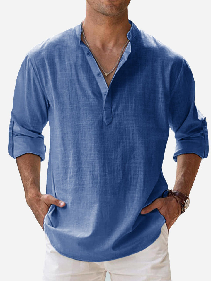 Camisas de manga larga con cuello de banda, de lino y algodón, básicas, informales, vintage, de Alohadaddy, cómodas y transpirables para campamento