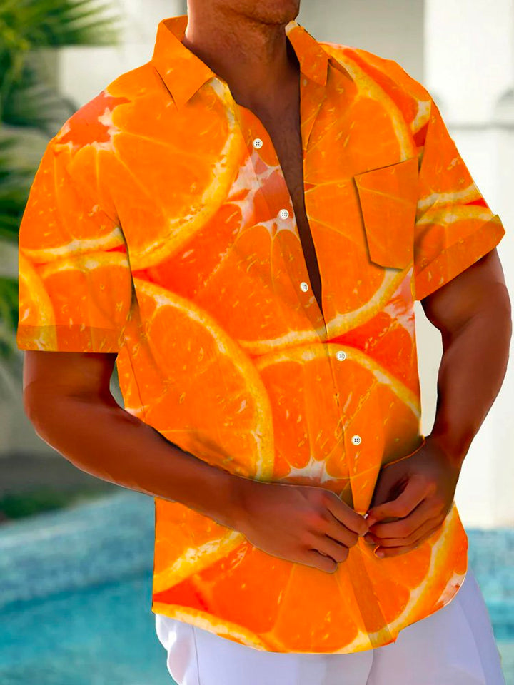 Camisa de manga corta con bolsillos y botones para hombre con estampado hawaiano de rodajas de naranja de Alohadaddy