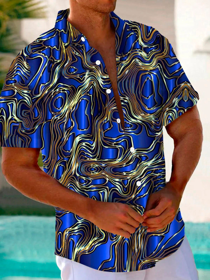 Camisa de manga corta con bolsillo abotonado para hombre con estampado dorado 3D texturizado de arte retro Alohadaddy