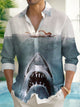 Alohadaddy® Retro Shark Print Men's Lapel Pocket Long Sleeve Shirt Big&Tall