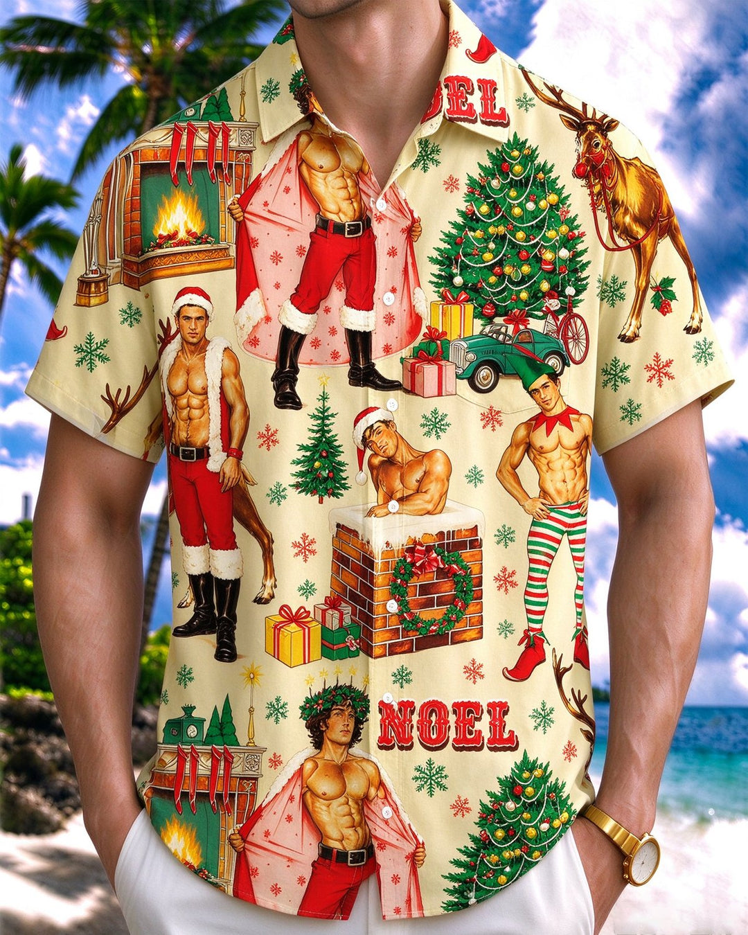 Alohadaddy® Holiday Christmas Fun Christmas Tree and Santa Claus Print Men&