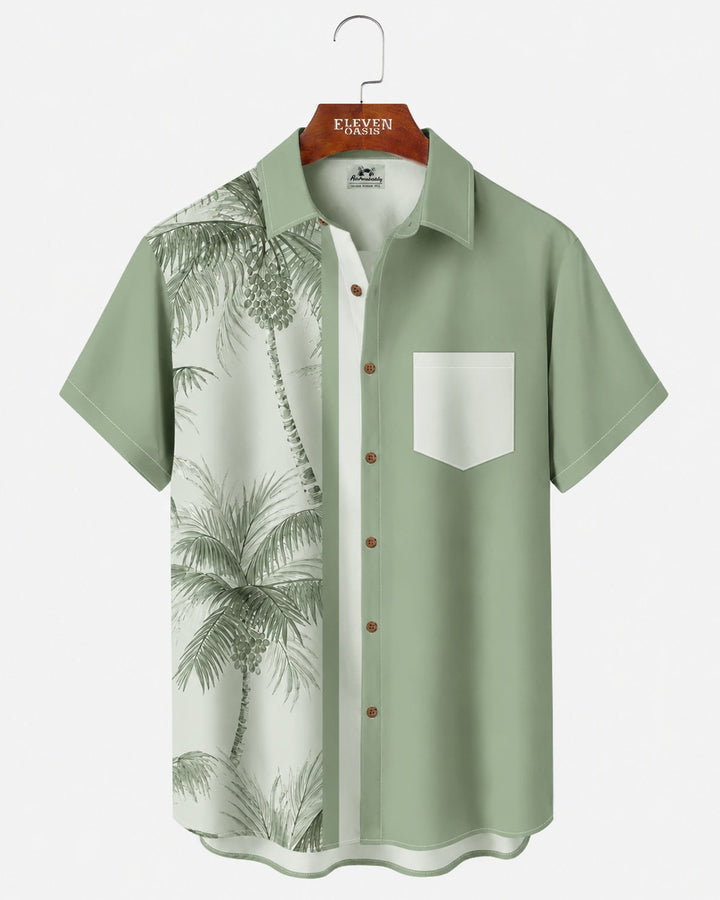 Alohadaddy® Retro Geometric Striped Coconut Tree Bowling Shirt Print Men&