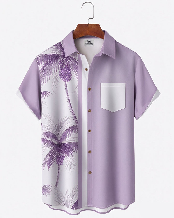 Alohadaddy® Retro Geometric Striped Coconut Tree Bowling Shirt Print Men&