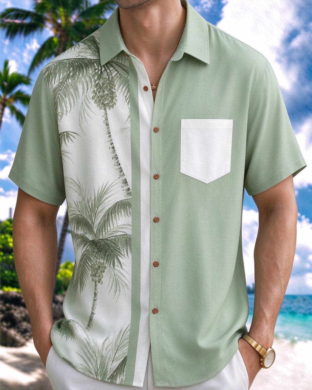 Alohadaddy® Retro Geometric Striped Coconut Tree Bowling Shirt Print Men&