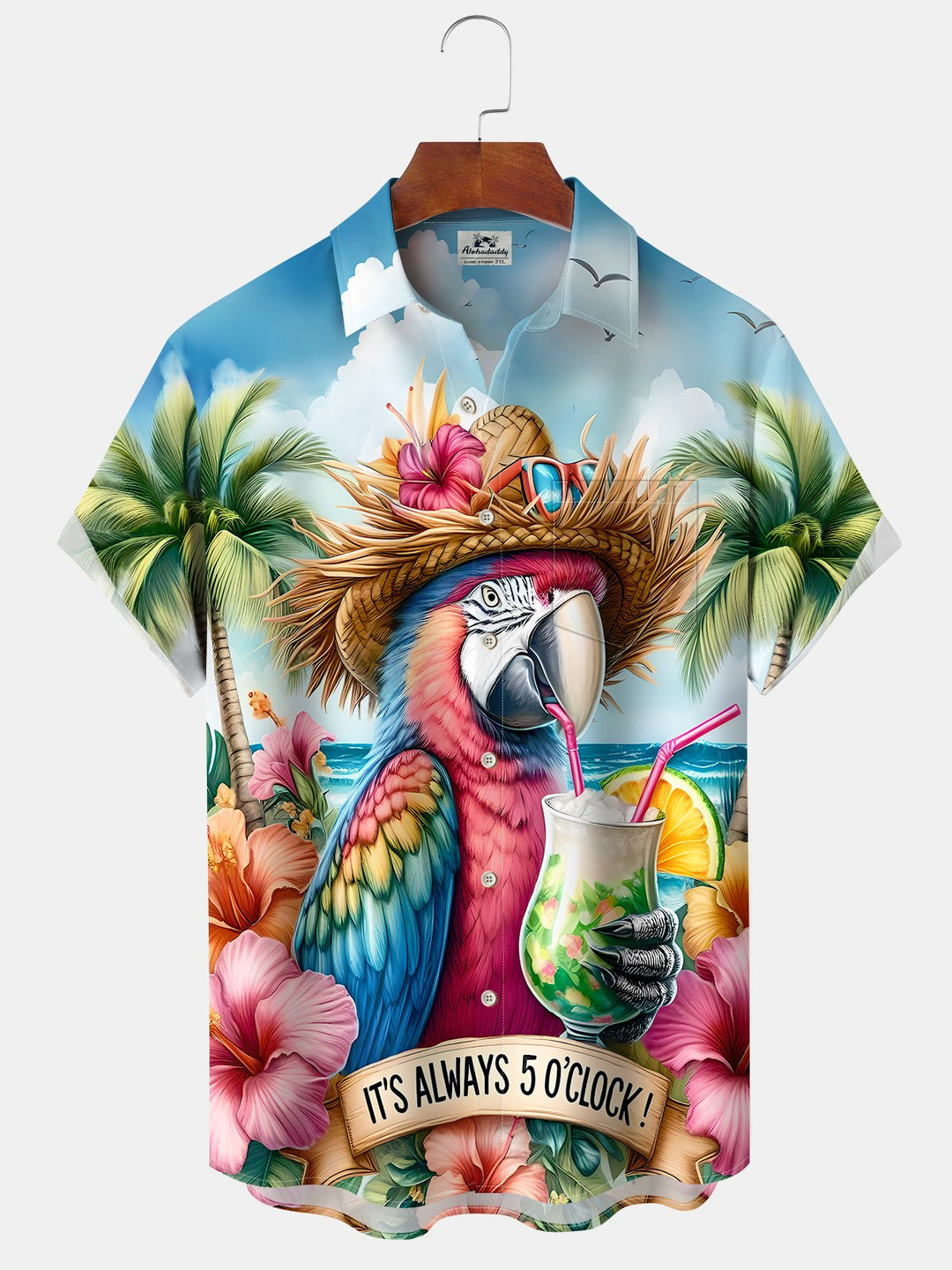 Alohadaddy Vacation Hawaii Parrot Print Art Pocket Button Elastic Oversized Shirt