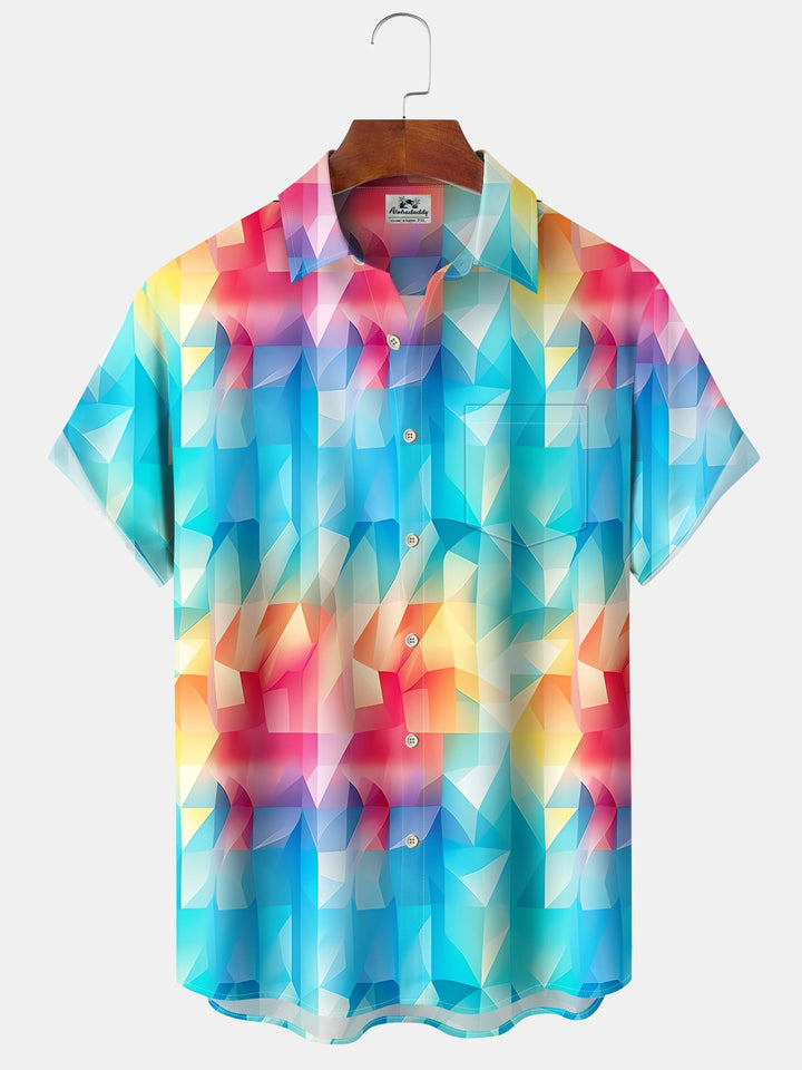 Alohadaddy Hawaiian Geometric Gradient Print Art Pockets Buttons Stretch Oversized Shirt