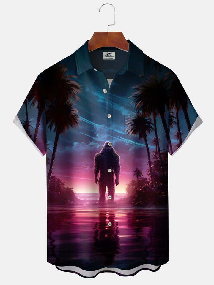 Alohadaddy Hawaii Bigfoot Palm Tree Button Cardigan Pocket Stretch Large Size Short Sleeve Shirt