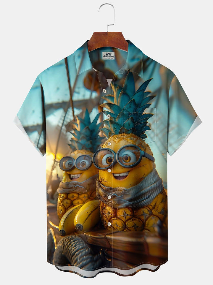 Alohadaddy Hawaiian Casual Pineapple Minions Captain Button Cardigan Pocket Stretch Large Size Polyester Short Sleeve Shirt