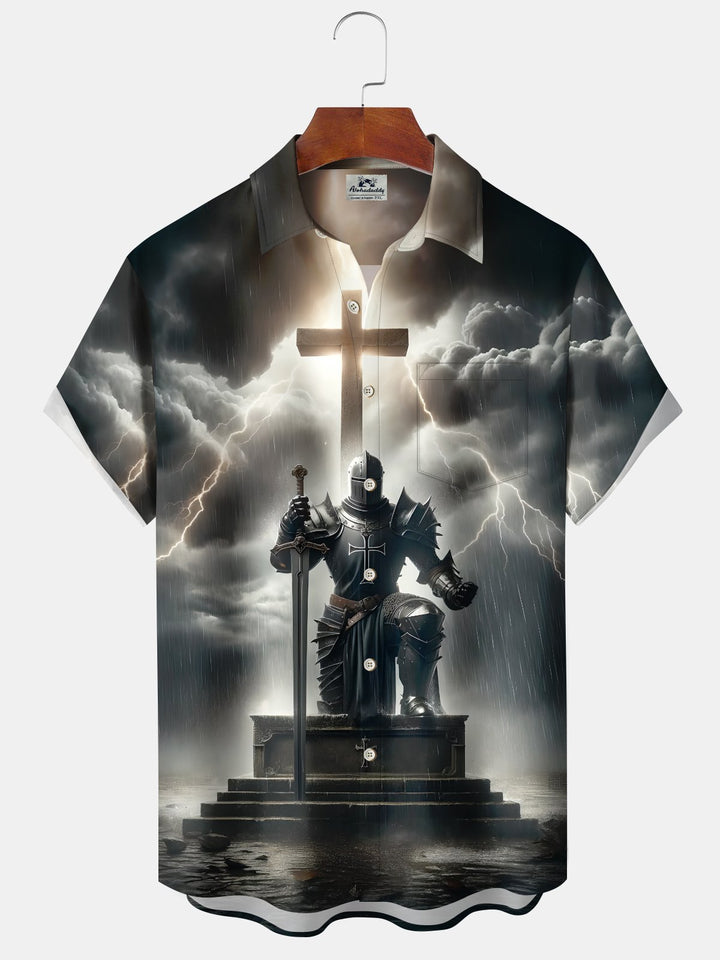 Alohadaddy Holiday Collection Easter Cross Print Art Button Cardigan Pocket Stretch Oversized Short Sleeve Shirt