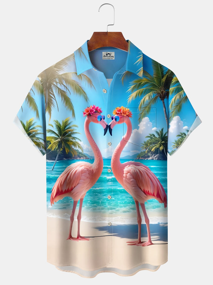 Alohadaddy Holiday Collection Hawaiian Flamingo Print Art Button Cardigan Pockets Large Size Long Short Sleeve Polyester Shirt