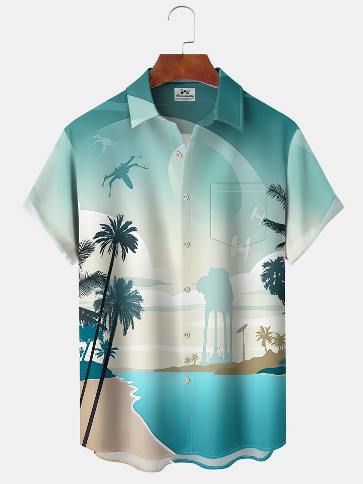 Alohadaddy Hawaii Casual Palm Trees Star Wars Art Drawing Buttons Cardigan Pockets Large Size Long Polyester Short Sleeve Shirt