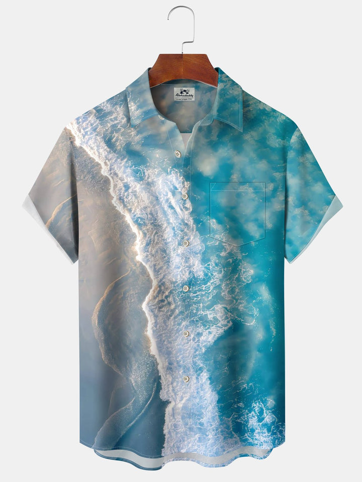 Alohadaddy Hawaiian Wave Gradient Painting Art Button Cardigan Pocket Stretch Large Size Long Short Sleeve Shirt