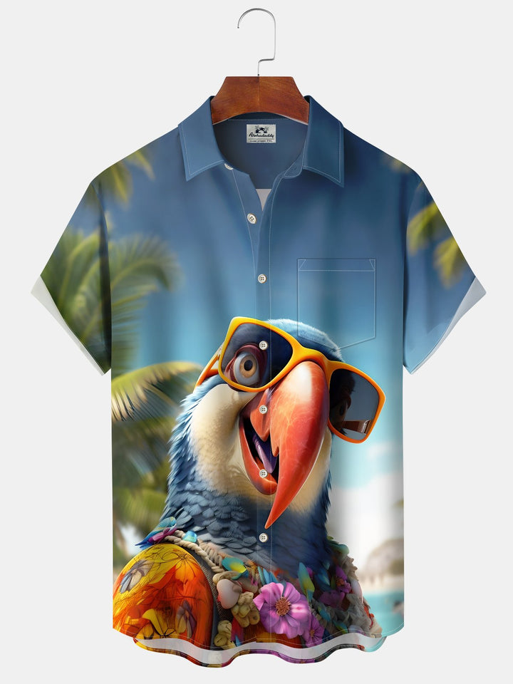 Alohadaddy Hawaiian Parrot Art Print Button Cardigan Pocket Stretch Long Oversized Short Sleeve Shirt