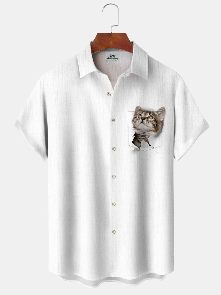Alohadaddy Casual Basics Breaking the Wall Cat Print Art Loose Cardigan Button Pocket Stretch Long Oversized Short Sleeve Shirt