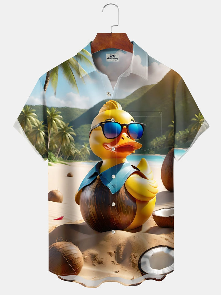 Alohadaddy Casual Everyday Hawaiian Yellow Duck Print Art Stretch Large Size Button Cardigan Polyester Short Sleeve Shirt