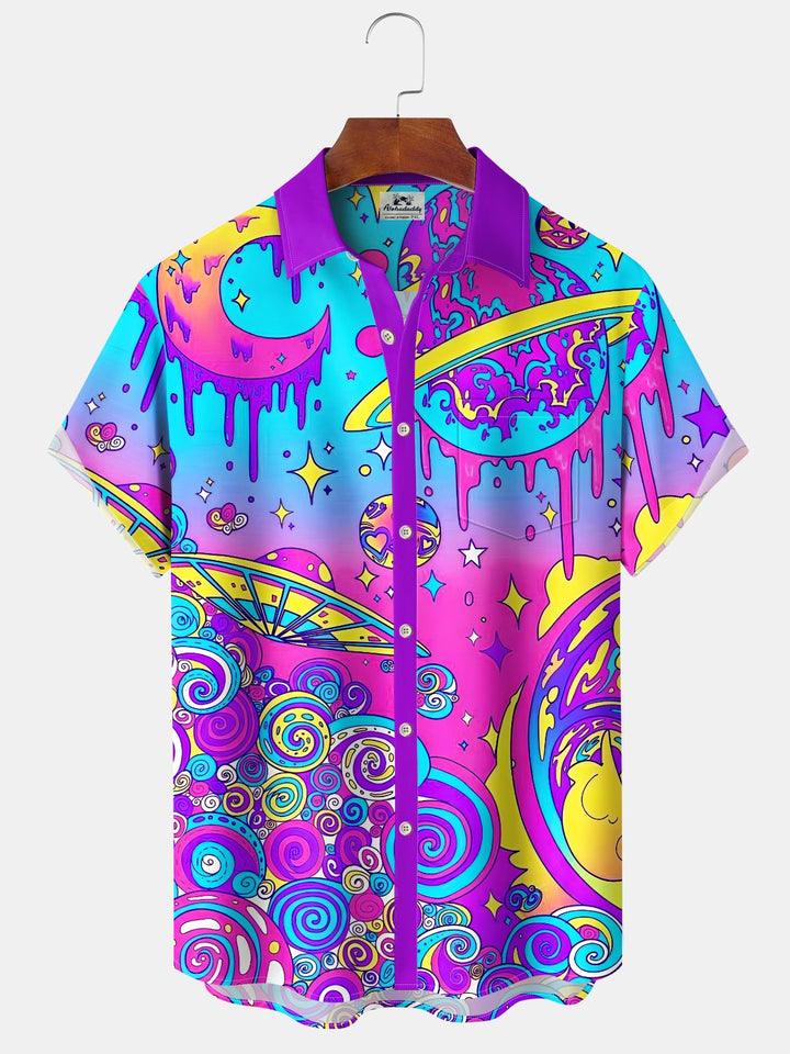 Alohadaddy Casual Collection Everyday Hawaii Graffiti Aerospace Print Art Button Cardigan Pocket Polyester Stretch Short Sleeve Shirt