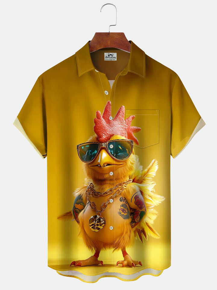 Alohadaddy Casual Daily Tattoo Little Yellow Chicken Print Art Polyester Stretch Button Cardigan Pocket Large Size Long Short Sleeve Shirt