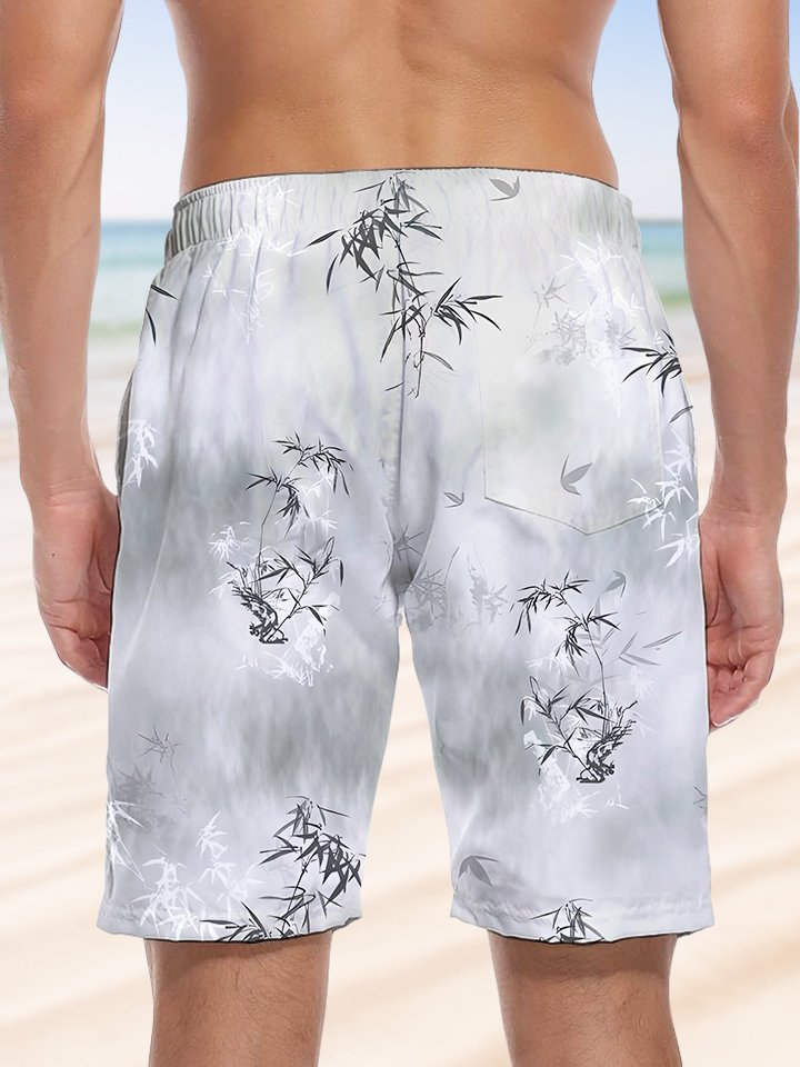 Alohadaddy Vacation Hawaii Bamboo Print Art Elastic Waist Drawstring Pockets Elastic Oversized Shorts Boardshorts