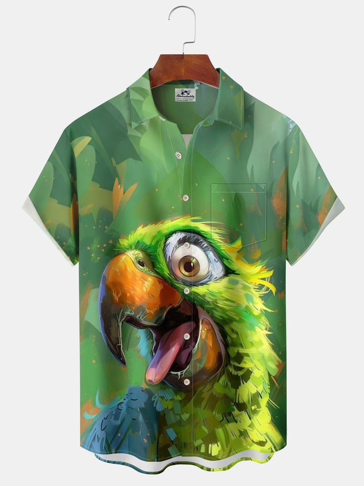 Alohadaddy Casual Collection Moisture-wicking Parrot Oil Painting Print Chest Pocket Stretch Oversized Hawaiian Short Sleeve Shirt