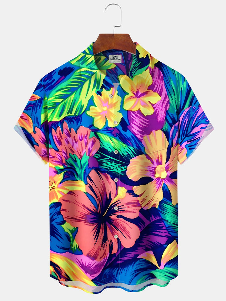 Alohadaddy® Casual Floral Print Art Chest Pocket Stretch Plus Size Men&