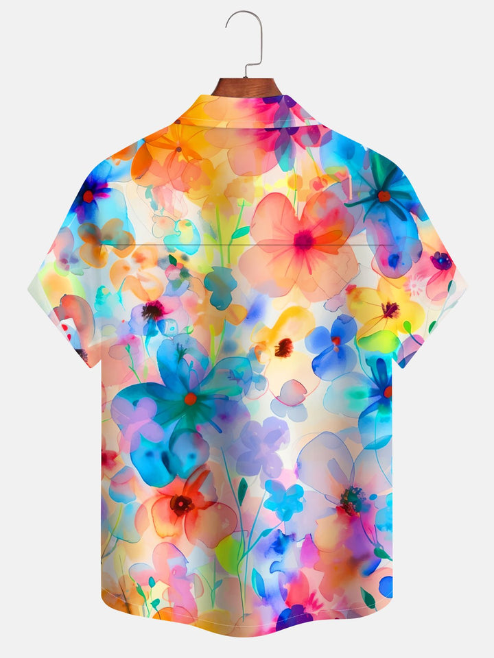Alohadaddy® Casual Floral Abstract Smudge Print Art Chest Pocket Elastic Oversized Hawaiian Cuban Collar Shirt