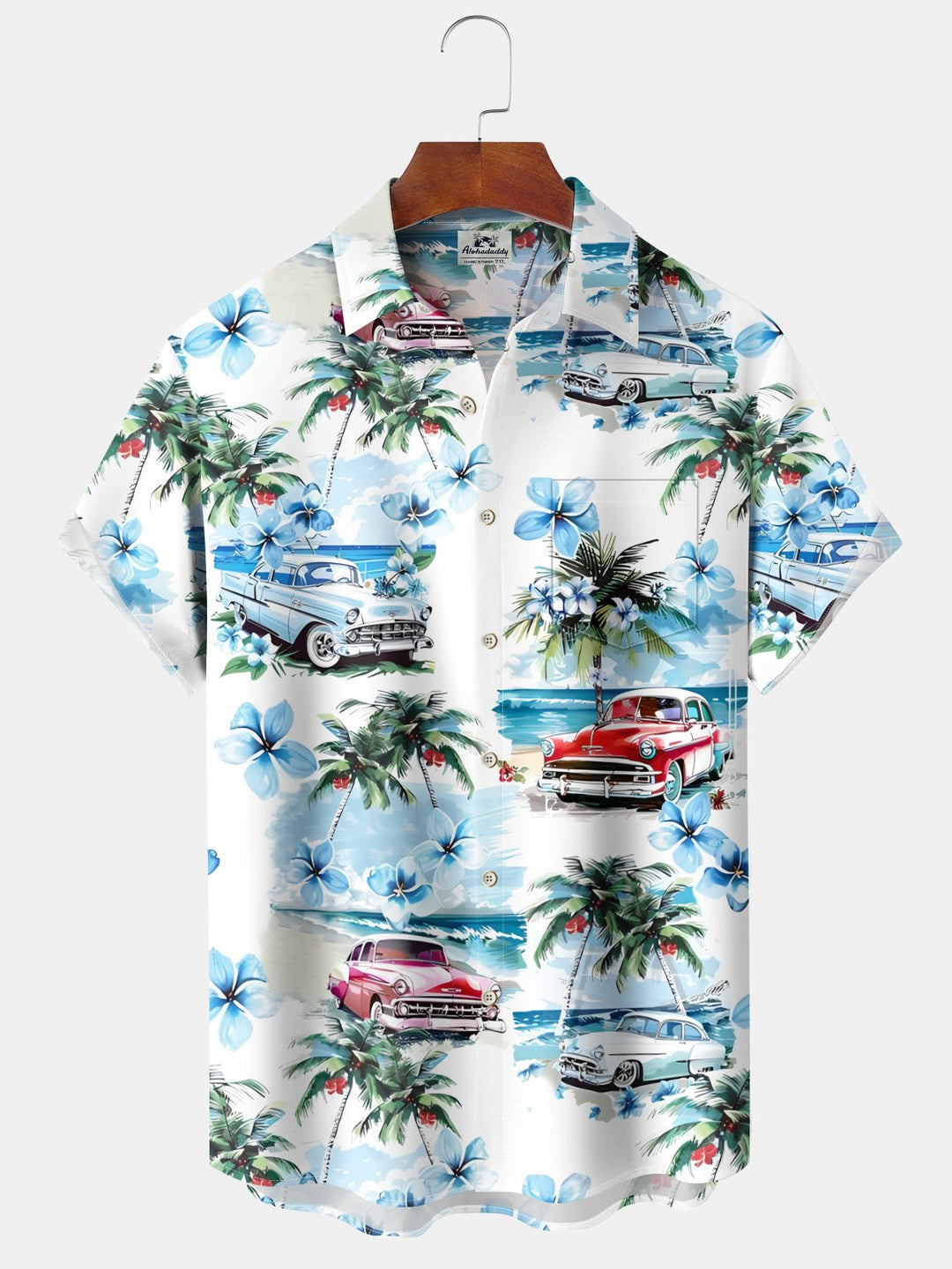 Alohadaddy® Vintage Car Palm Tree Print Art Pockets Moisture Wicking Oversized Stretch Hawaiian Shirt