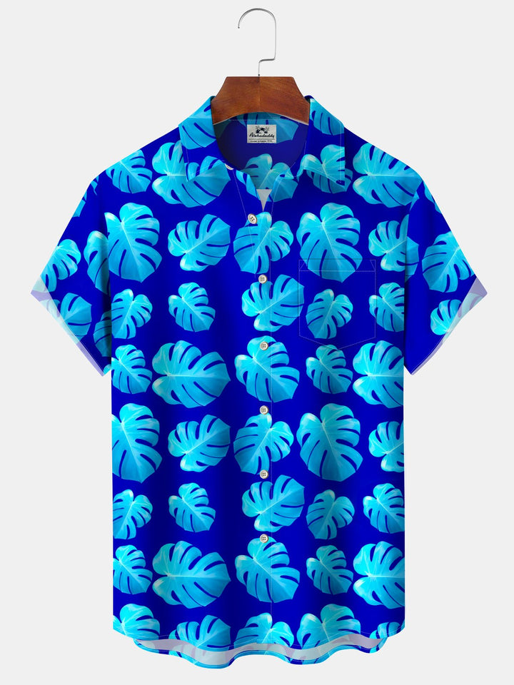 Alohadaddy® Hawaiian Leaves Print Chest Pocket Stretch Moisture Wicking Men&