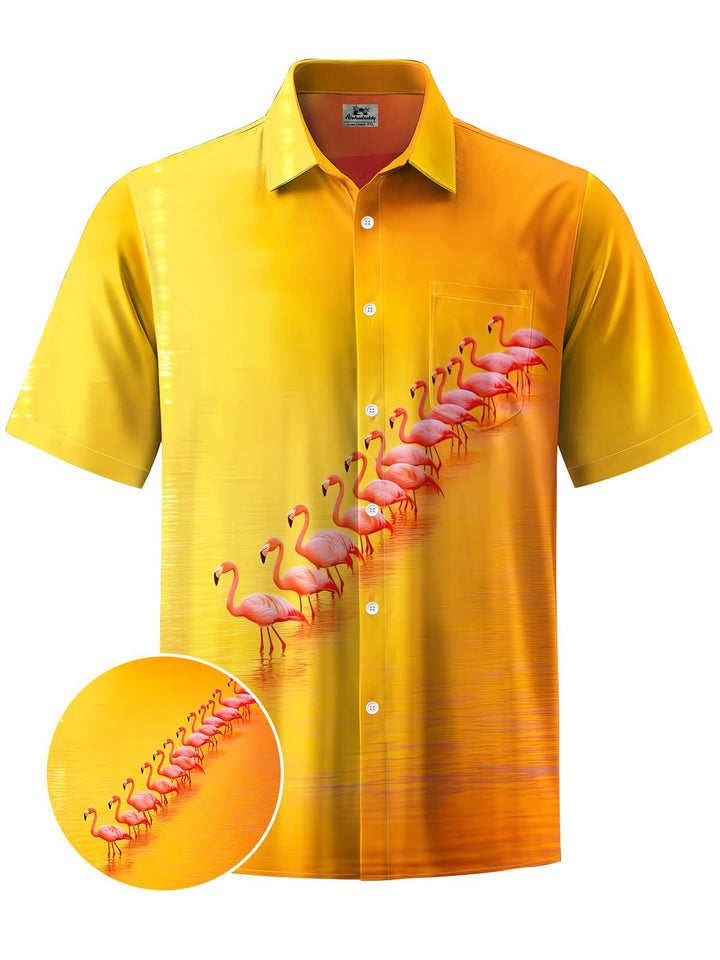 Alohadaddy® Hawaii Flamingo Seaside Print Chest Pocket Men&